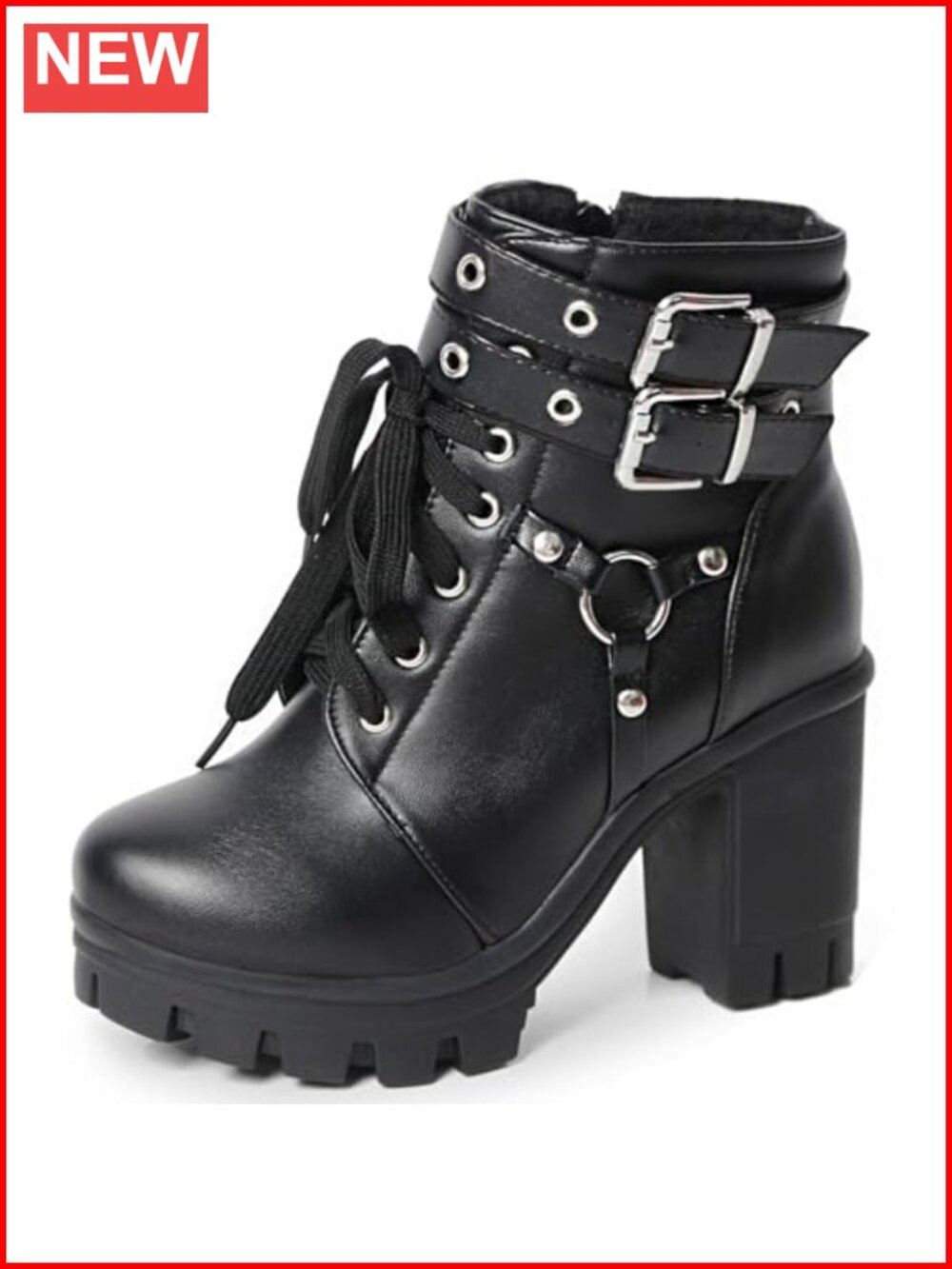 Goth Platform High Heel Boots Combat Ankle Booties PU Leather Buckle Lace Up